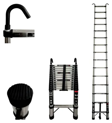 Produktbild von Teleskopleiter Klappleiter 4,4 m Edelstahl mit 2 Haken, 5 m ausziehbare Leiter, rutschfeste Aluleiter Stehleiter Mehrzweckleiter Aluminiumleiter, Teleskop Ausziehleiter 150 kg Tragfähigkeit