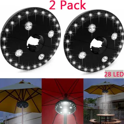 Collage showing umbrella lights attached to umbrellas and a table setting.