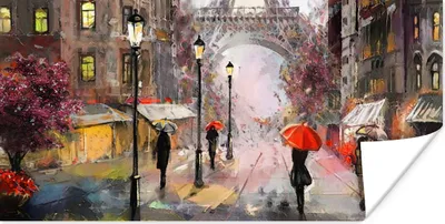 Produktbild von MuchoWow® Poster Gemälde - Paris - Eiffelturm - Regenschirm - Ölgemälde 120x60 cm - Bild