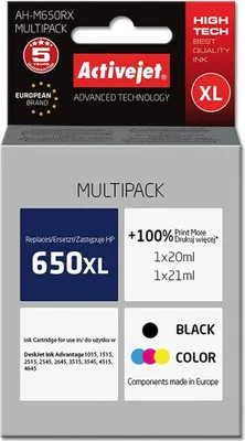 Obrázok produktu pre Activejet AH-M650RX, Vysoký (XL) výnos, Čierna, Azúrová, Purpurová, Žltá, Atrament na pigmentovej báze, Atrament na báze farby, 20 ml, 21 ml