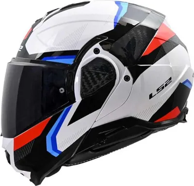 A white motorcycle helmet with blue and red accents, shown from a side-diagonal view.