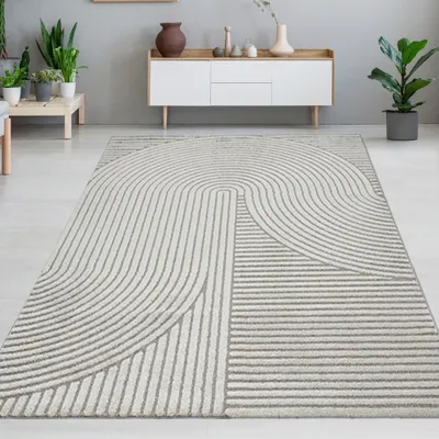 Produktbild von Teppich Wohnzimmerteppich geometrisch Bogenmuster grau Größe - 140 x 200 cm