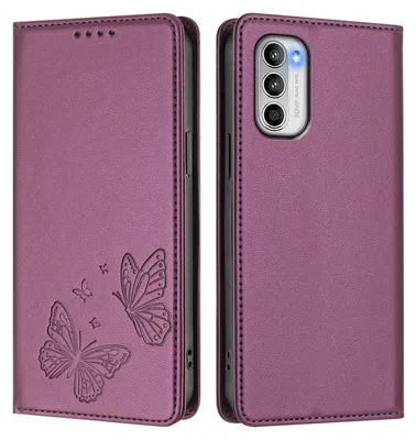 Produktbild von Lederhülle für Motorola Moto G 5G 2022, Schmetterling Prägung Leder Brieftasche Schutzhülle mit Ständer Lila