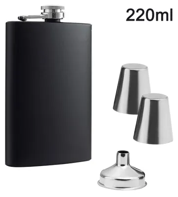 Produktbild von Flachmann aus Edelstahl mit 2 Schnapsbechern und Einfülltrichter im Set, in einer Geschenkbox, mit Schraubverschluss, Taschenflasche
