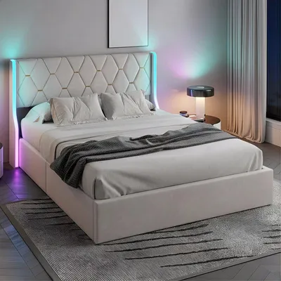 Obrázek produktu pro ProximaX Moderní manželská postel 140 x 190 cm, béžový samet, postel s úložným prostorem, hydraulickým zvedáním a RGB LED osvětlením