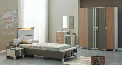 Produktbild von Moderne Komplette Kindermöbel Kinderbett Grau Holz Set 5tlg Nachttisch
