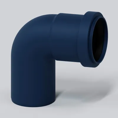 A dark blue pipe fitting on a light gray background.