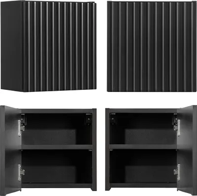 A set of two black cabinets shown from the front and top.