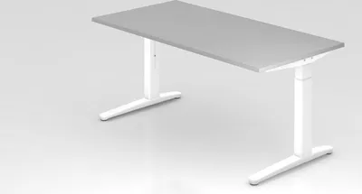 Produktbild von Schreibtisch Mika | Grau | Weißes Gestell | BxT 160x80cm | Arbeitshöhe 65-85cm | höhenjustierbar, 1cm Raster | C-Fuß-Gestell | Rechteckform