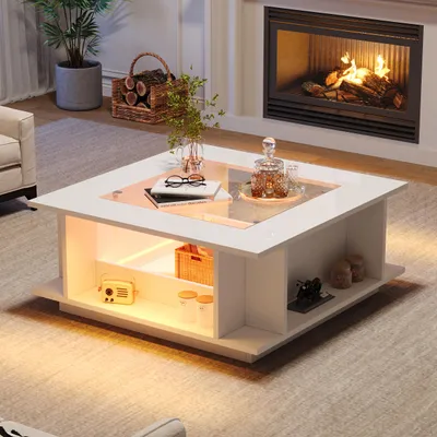 Produktbild von Merax Hochglanz Couchtisch mit Glasplatte und LED Beleuchtung, quadratischer Kaffeetisch mit offenen Fächern, Beistelltisch seitlichen Stauraum, Weiß