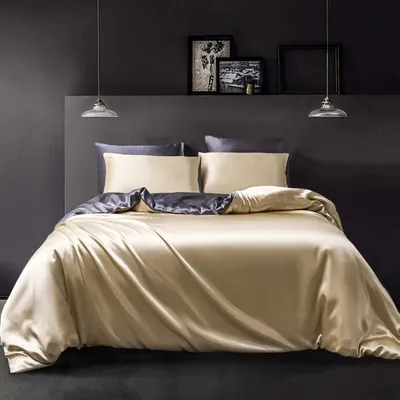 Produktbild von Bettwäsche Set 135x200 cm Beige Dunkelgrau Mikrofaser-Satin Wendebettwäsche mit Reißverschluss und 80x80 cm Kissenbezug