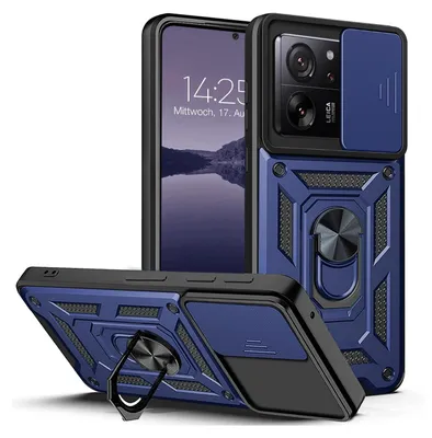 A blue armor phone case with a camera cover and a ring stand is displayed with a phone inside.