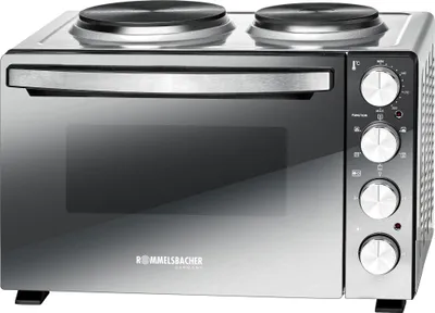 A silver and black countertop oven with two electric burners on top.