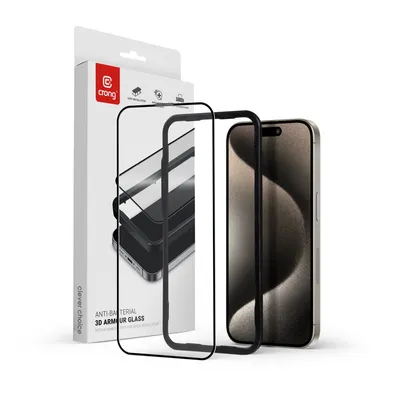 Immagine prodotto di Crong Anti-Bacterial 3D Armour Glass - vetro temperato a schermo intero 9H per iPhone 15 Pro Max + telaio di installazione