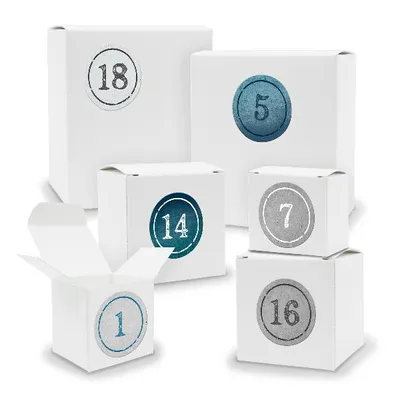 Produktbild von Adventskalender zum Füllen 24x Quader Würfel gemischt WEISS + Sticker (V01 Z01)