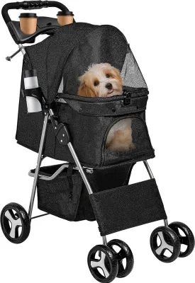 Image de Poussette pour chiens de petite et moyenne taille, avec mécanisme de pliage, bac de rangement et housse de pluie
