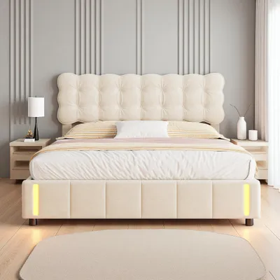 Immagine prodotto di Letto imbottito Fortuna Lai 160x200cm con contenitore, rete a doghe e rilevatore di movimento, velluto, legno massiccio, beige