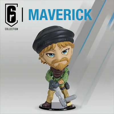 A figurine of the character Maverick from the game Rainbow Six Siege, presented on a plain background with promotional text and branding.