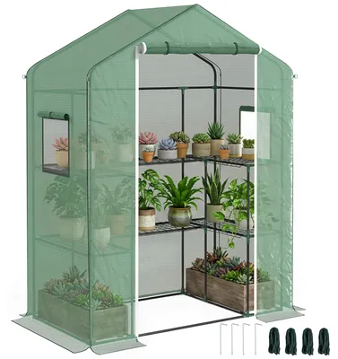 Image de Serre de jardin avec 1 porte, 2 fenetres et 2 šŠtagššres en forme de U pour LšŠgumes Plantes Fleurs Bache PE 140x73x190 cm