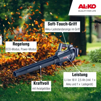 Produktbild von AL-KO Akku-Laubbläser LB 1860, 18 V Li-Ion (Akku und Ladegerät im Lieferumfang), 45 m/s Luftgeschwindigkeit, 450 m³ Volumenstrom, 2 Rohraufsätze, Eco-/Power-Modus