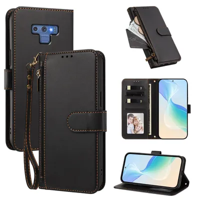 Image de Étui portefeuille pour Samsung Galaxy Note 9, en cuir PU, avec compartiments pour cartes, support et dragonne. Couleur : noir
