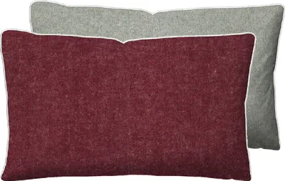 Two rectangular pillows, one in burgundy and one in light gray, are shown overlapping.