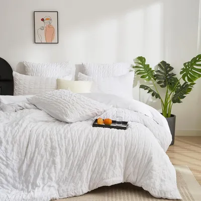 Immagine prodotto di Biancheria da letto in seersucker, 155x220 cm, bianca, a quadri, set da 3 pezzi, in microfibra con cerniera