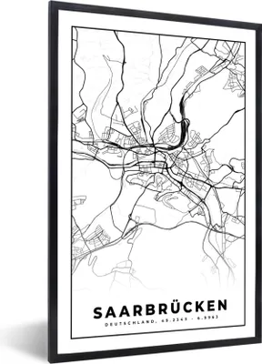 Produktbild von MuchoWow® Gerahmtes Poster Saarbrücken - Karte - Stadtplan 20x30 cm - Poster mit Schwarzem Bilderrahmen Wandposter Rahmen Foto Bilder - Drucken - Bilder Poster im Rahmen