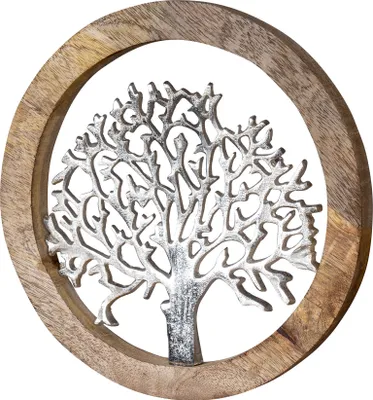 Produktbild von Wandbild Ø25cm Lebensbaum Metall Holz Mango Silber Braun Bild Wand-Deko Hänger