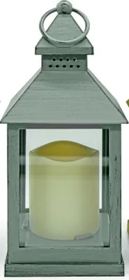 A single gray lantern with a white LED candle inside, shown from the front.
