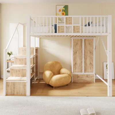 Obrázek produktu pro Kovová patrová postel Merax 140 x 200 cm se skříní a úložným žebříkem, dětská postel se zásuvkami, dřevěno-kovové zábradlí, moderní loftová postel v bílé barvě