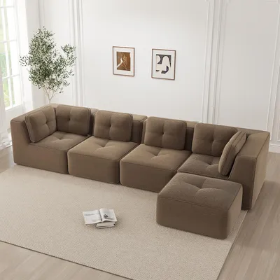 Image de Canapé modulaire pour salon, sans montage, 4 places, revêtement en corde, assise profonde, antidérapant (marron)
