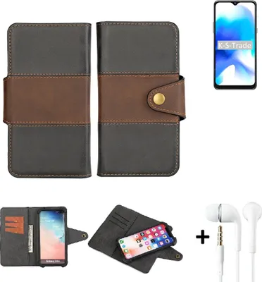 Produktbild von K-S-Trade Handyhülle Schutzhülle Bookstyle Wallet-Case kompatibel mit Blackview A80s + earphones Bumper rundumschutz schwarz-braun 1x