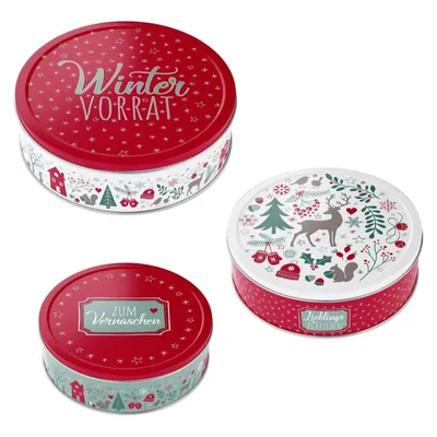 Produktbild von Gebäckdose Metall rund 3er Set Winter Vorrat Stern Fröhliche Weihnachten Plätzen