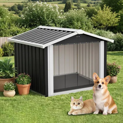 Produktbild von Hundehütte für den Außenbereich 102x91x84cm mit Schrägdach, UV-Schutz und Belüftung, strapazierfähiger Kunststoff, Grau