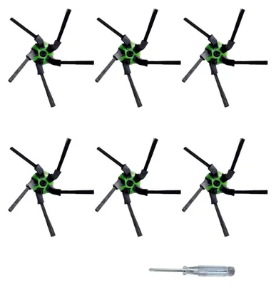 A set of six replacement side brushes for a robot vacuum cleaner, along with a small screwdriver, are arranged on a white background.