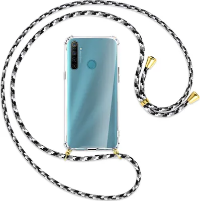 Produktbild von Handykette Backcover-Schutzhülle mit Band (Metall goldfarben) für Realme 5 / 5i - schwarz/grau/weiß