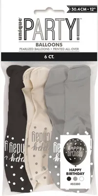 Produktbild von 6 Luftballons schwarz & silber Happy Birthday