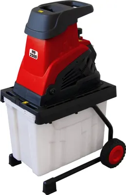 A red and black electric garden shredder with a white collection bin, shown on a white background.