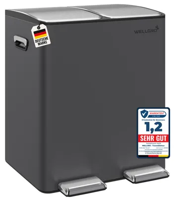 Produktbild von WELLGRO Treteimer 2x15L Grau – Edelstahl mit Softclose & Pedal