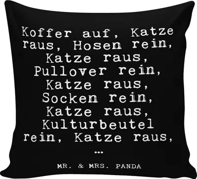 Produktbild von Mr. & Mrs. Panda Dekokissen Koffer auf, Katze raus,... - Schwarz - Geschenk, Haus, lustig, Kissen 40x40, Zitate, Polster, Tier, Sofakissen, Herrchen, Deko, bedruckt