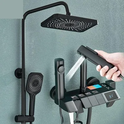 Produktbild von Luxus Duschset LED Display Regendusche Handbrause Wasserhahn schwarz - LuxShowerSet