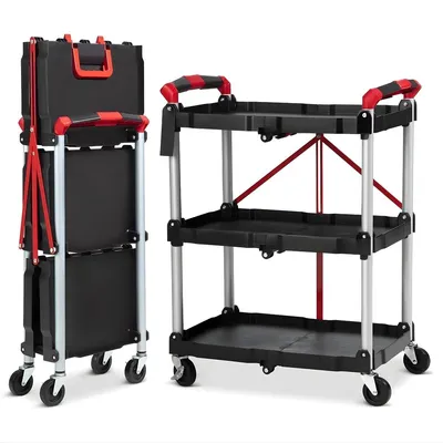 Produktbild von Klappbarer Servierwagen 3 Etagen – Rollwagen mit 360° Rollen & Feststellbremsen – Werkzeugwagen Schwarz 58 × 38 cm – Faltbarer Transportwagen für Garage & Lager