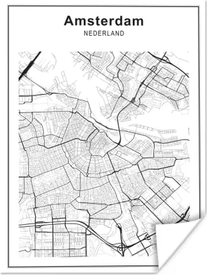 Produktbild von MuchoWow® Poster Stadtplan - Amsterdam - Schwarz und weiß 90x120 cm - Wohnzimmer