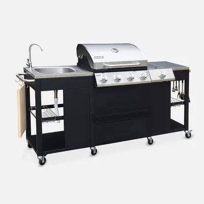 A black gas grill with a sink and side burner, presented on a light gray background.