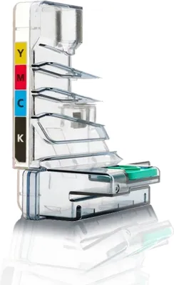 A clear product shot of a toner cartridge with color indicators.