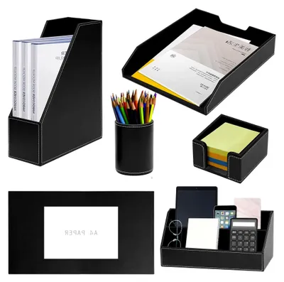 Produktbild von Büro Schreibtisch-Organizer, Luxus Leder Geschenk 6-teilig, inkl. Schreibtischunterlage, A4 Leder Briefablage, Stiftebecher, Zeitschriftenhalter, Postfach, Nachrichtenfach, Schwarz