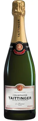 A bottle of Taittinger Brut Reserve champagne against a white background.