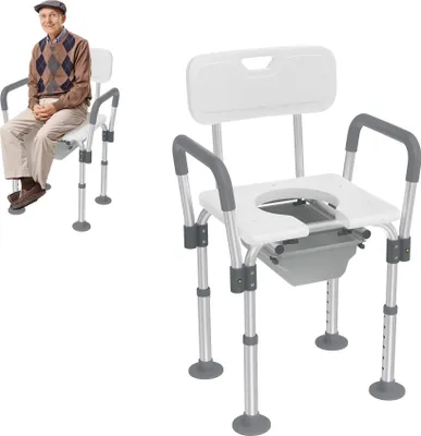 Image de Chaise de douche NAIZY Tabouret de douche Hauteur réglable Tabouret de bain avec seau de toilette, accoudoirs amovibles et pieds en caoutchouc antidérapants Chaise de nuit Chaise WC Aide à la douche Siège de douche jusqu'à 150 kg