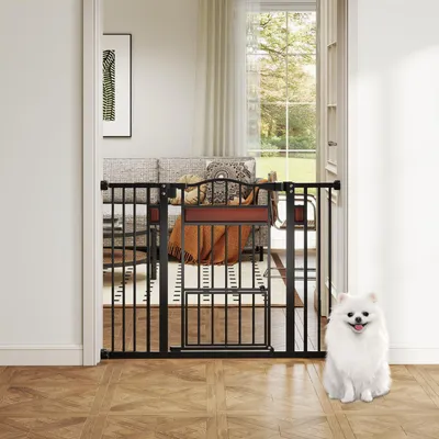 Produktbild von GOPLUS Türschutzgitter mit Katzenklappe, 74–104 cm Schutzgitter, Autoclose, Verlängerungen, Treppenschutzgitter ohne Bohren für Hunde & Katzen